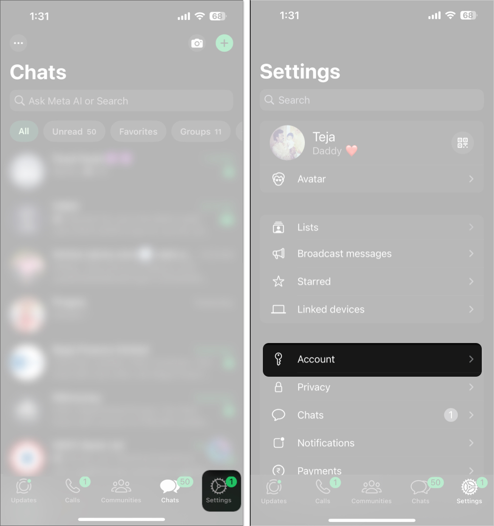 Accessing account settings in the whatsapp app on an iphone