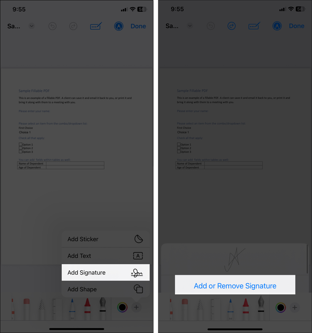 Access add signature option in the file on iphone