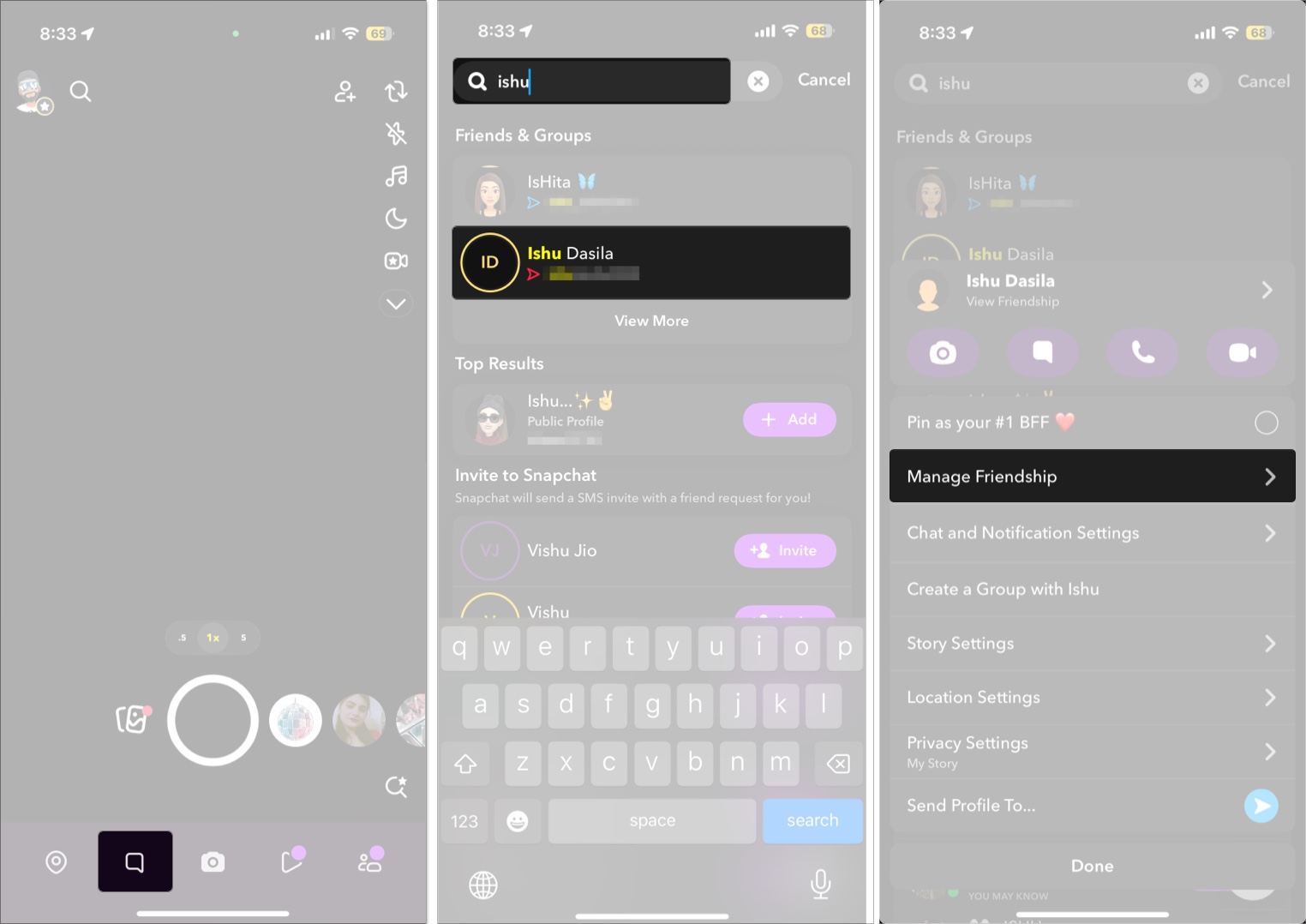 Accessing the manage friendship option for a contact on snapchat