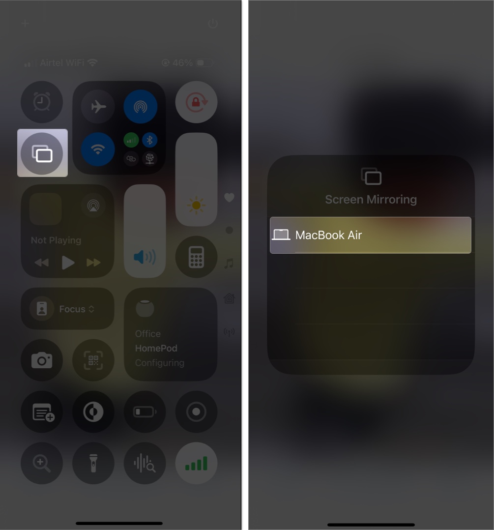 Tapping the screen mirroring icon and choosing the device to mirror the screen to in the control center on an iphone