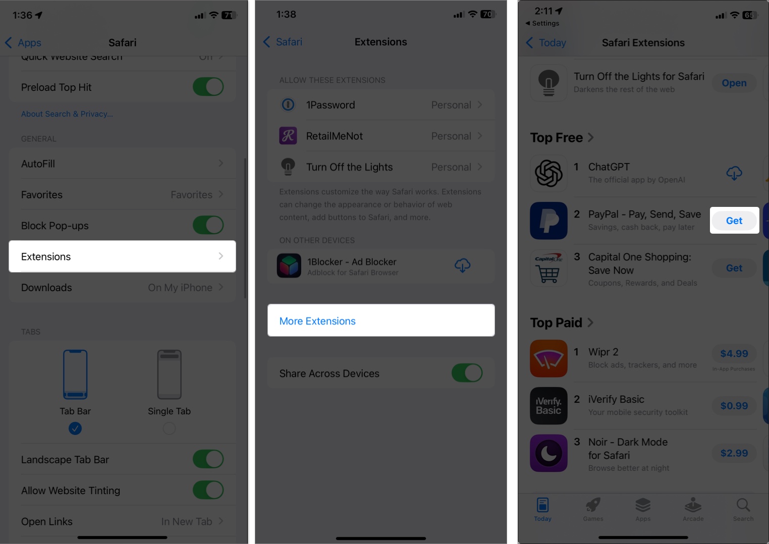 Access extension and tap more extension to install safari extension in iphone