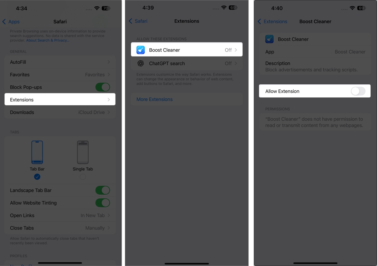 Access extensions list and tap extension name to toggle it on in iphone