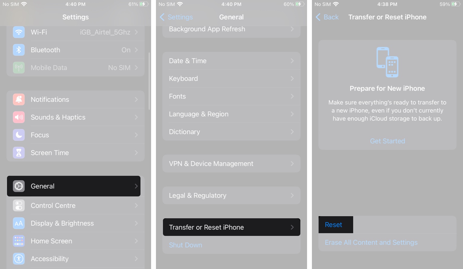 Reset option under transfer or reset iphone settings on an iphone