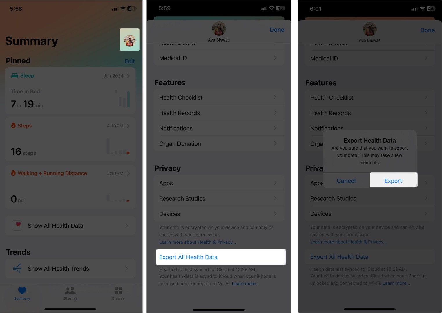 Access health app and tap export data to save on iphone