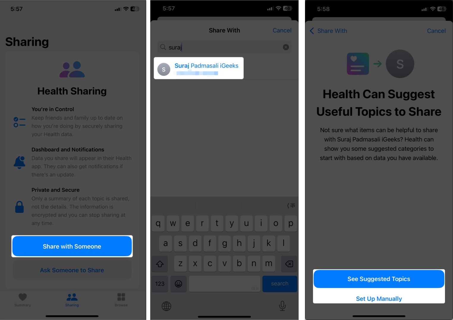 Access health app and tap on sharing tab and select contact on iphone