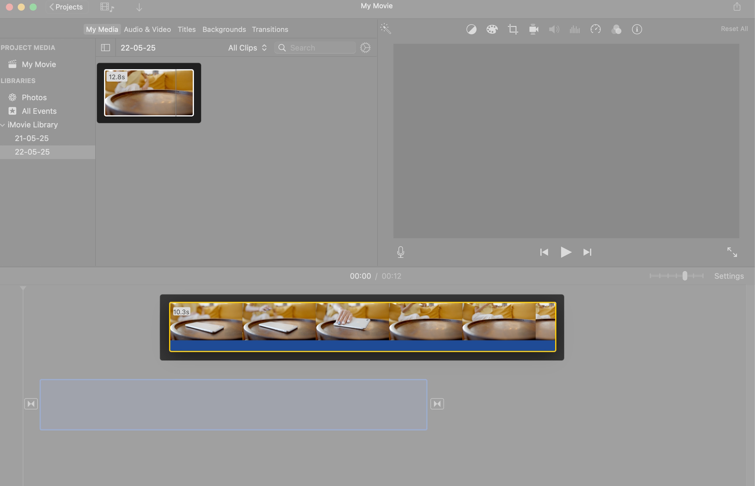 Access imovie and select clip to add in timeline on mac