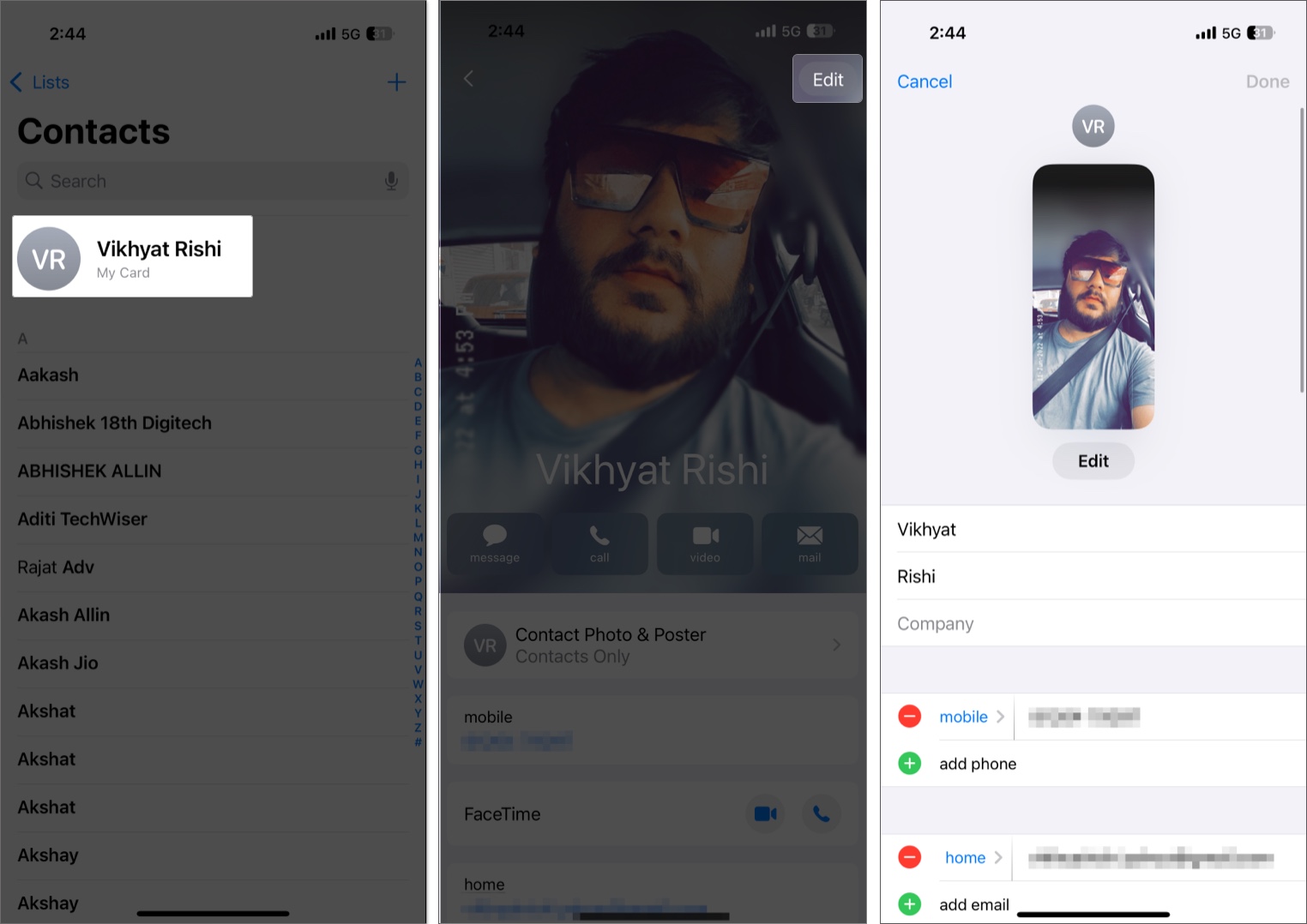 Accessing and updating my card with correct contact information in the contacts app on an iphone