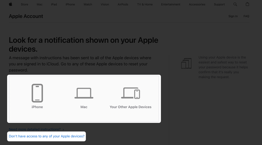 Access notification on any devices and reset the apple id password