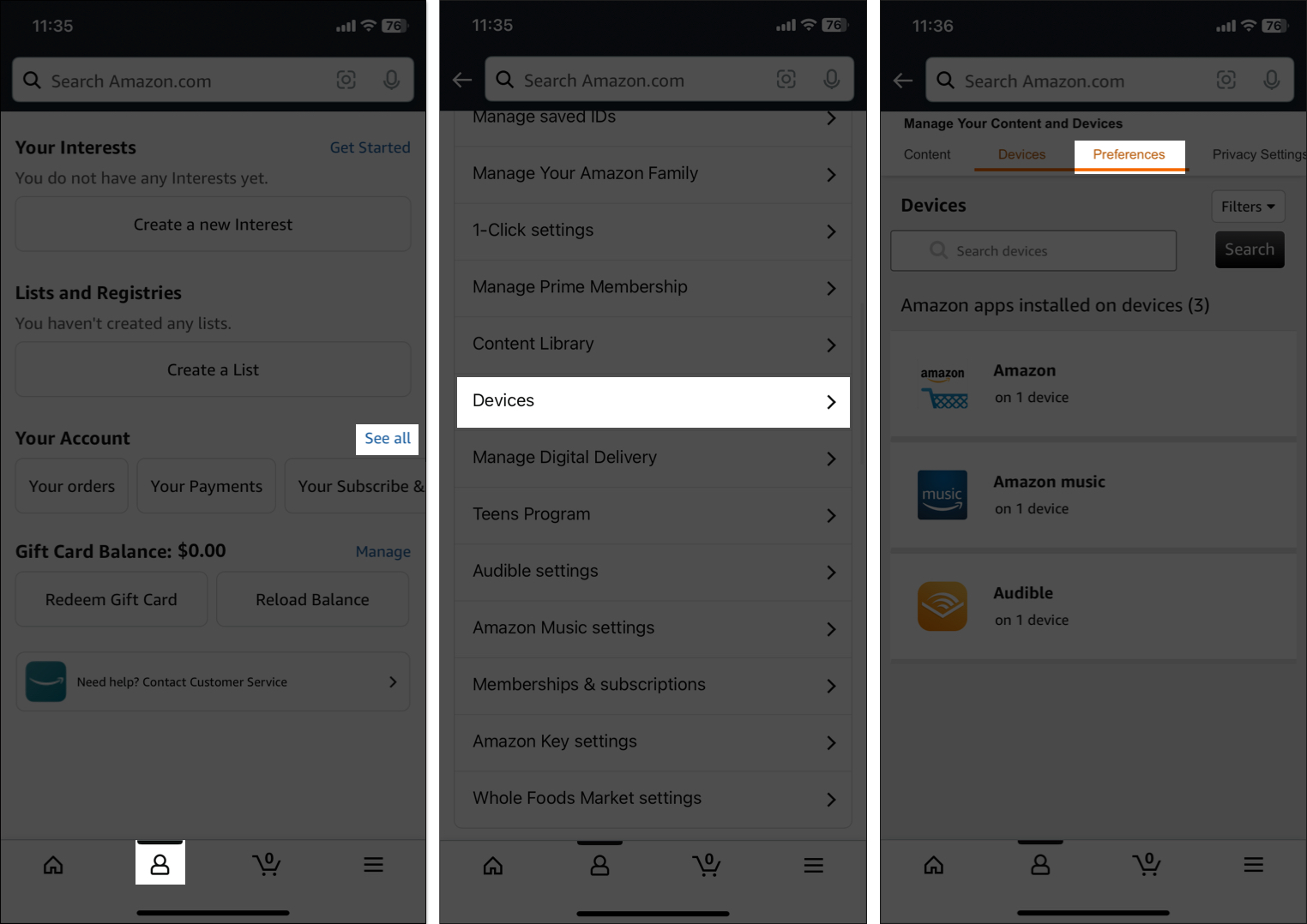 Access preference tab in amazon settings on iphone
