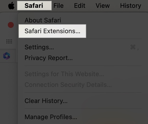 Access safari on menu bar and select safari extensions on mac
