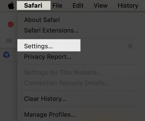 Access safari on menu bar and select settings on mac