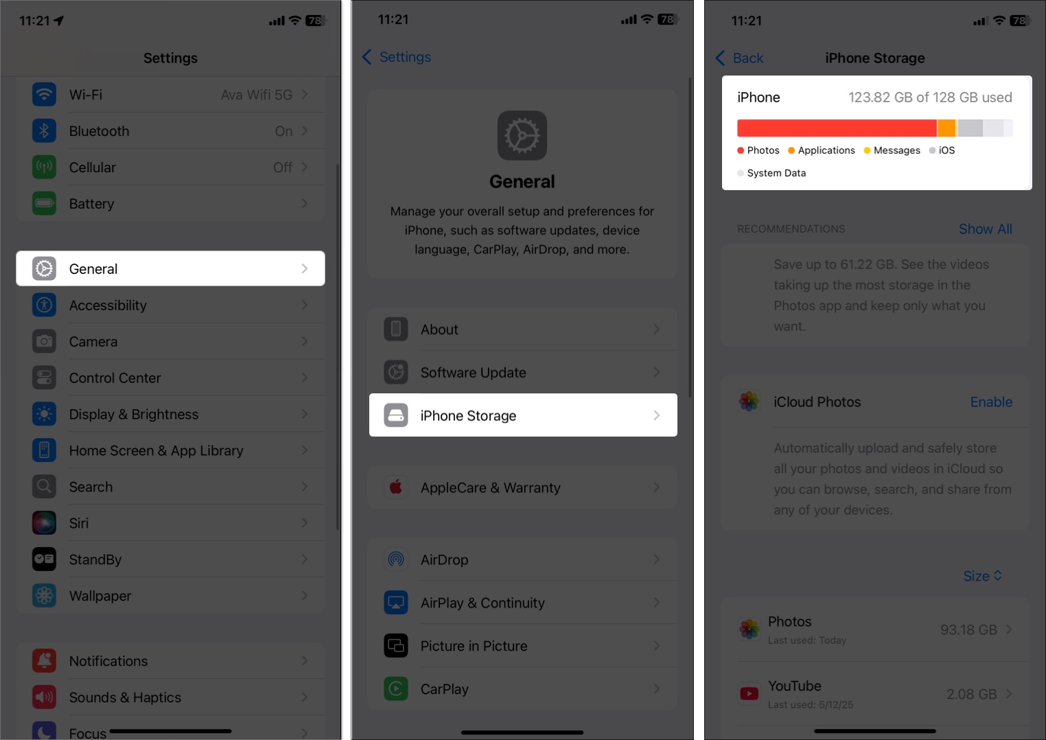 Access setting and check iphone storage available
