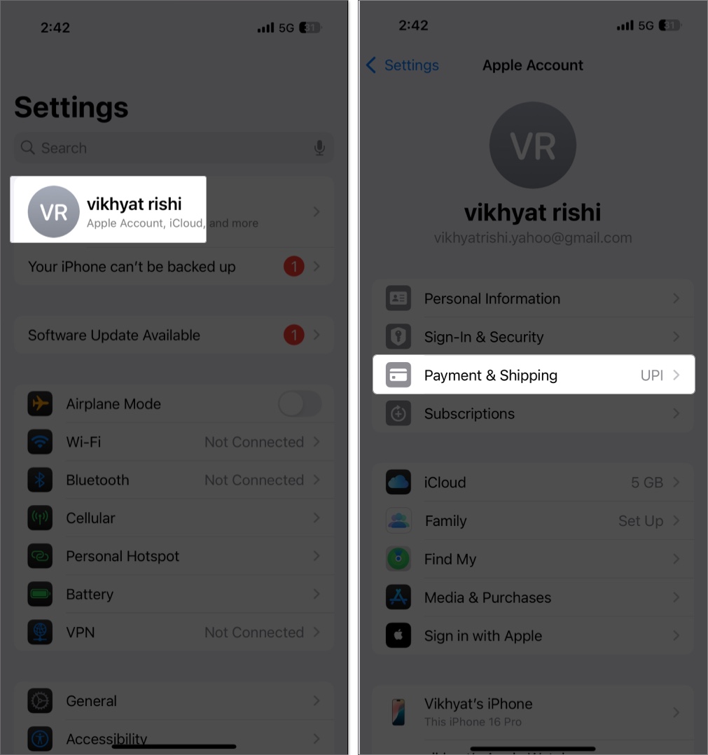 Accessing the apple account settings page in the ios settings app