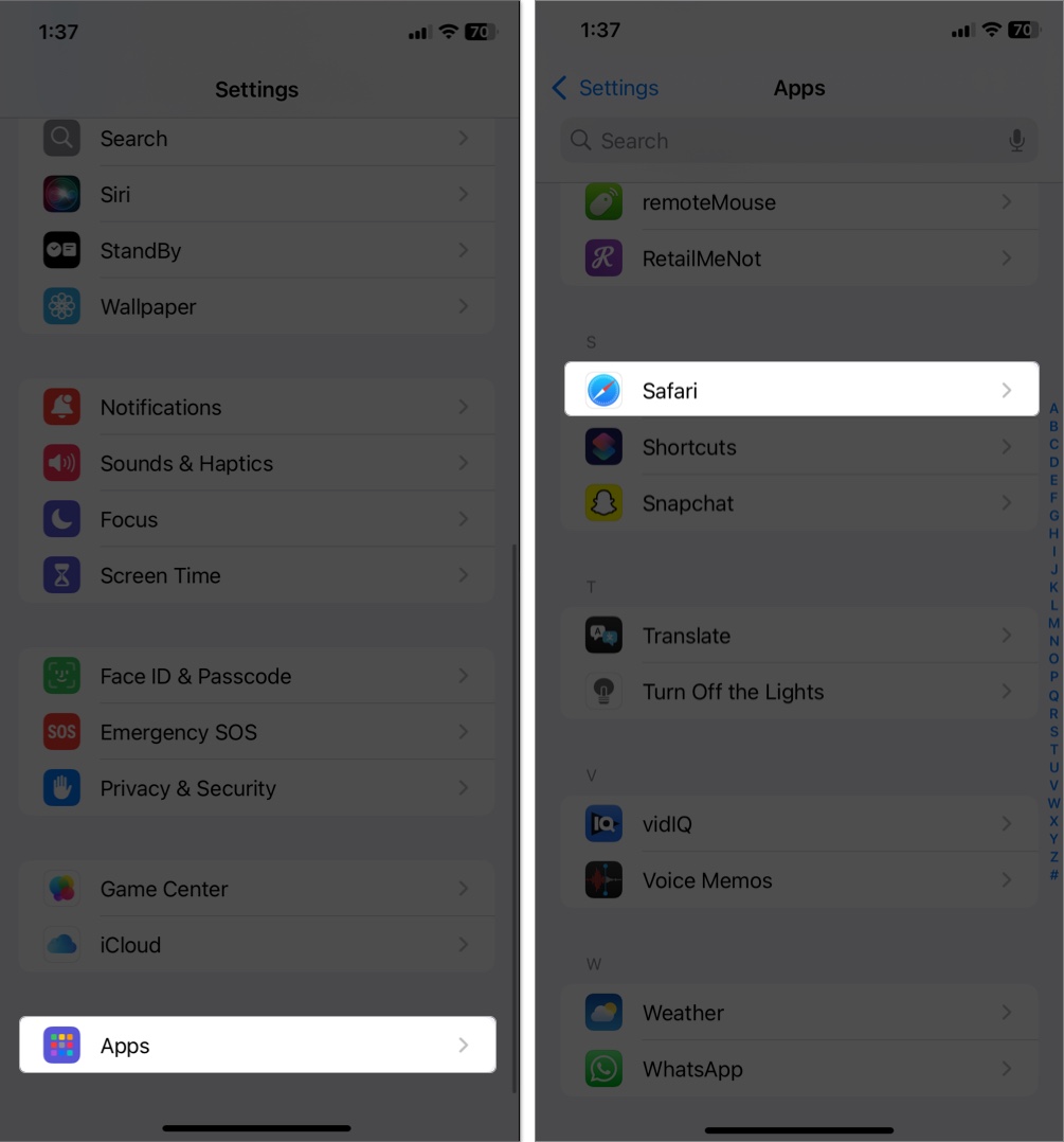 Access setting on iphone and tap apps then select safari