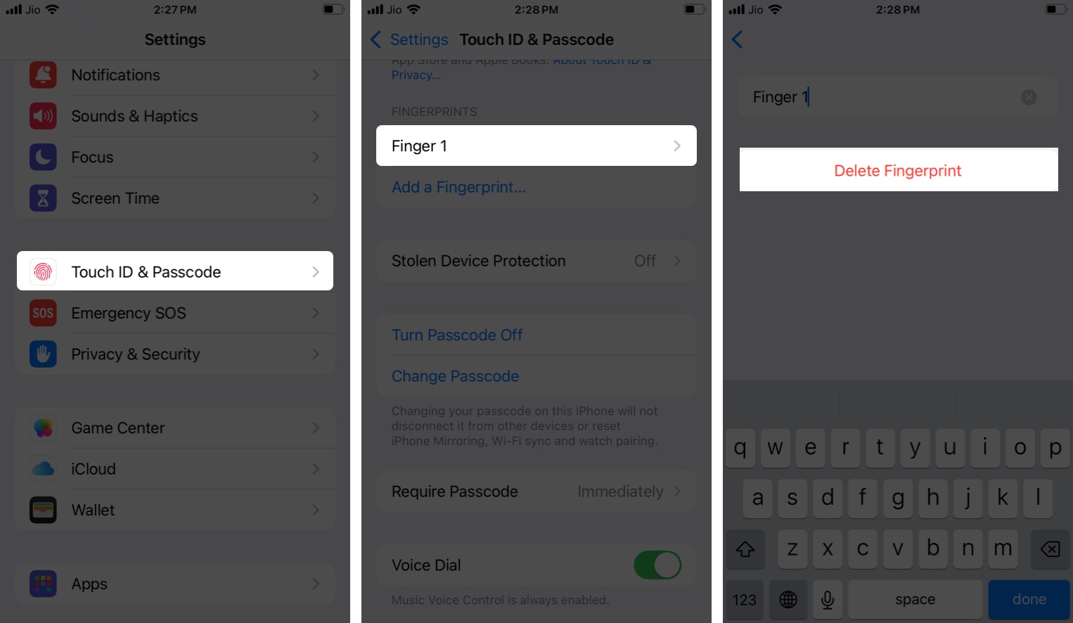 Deleting a fingerprint under touch id settings on an iphone