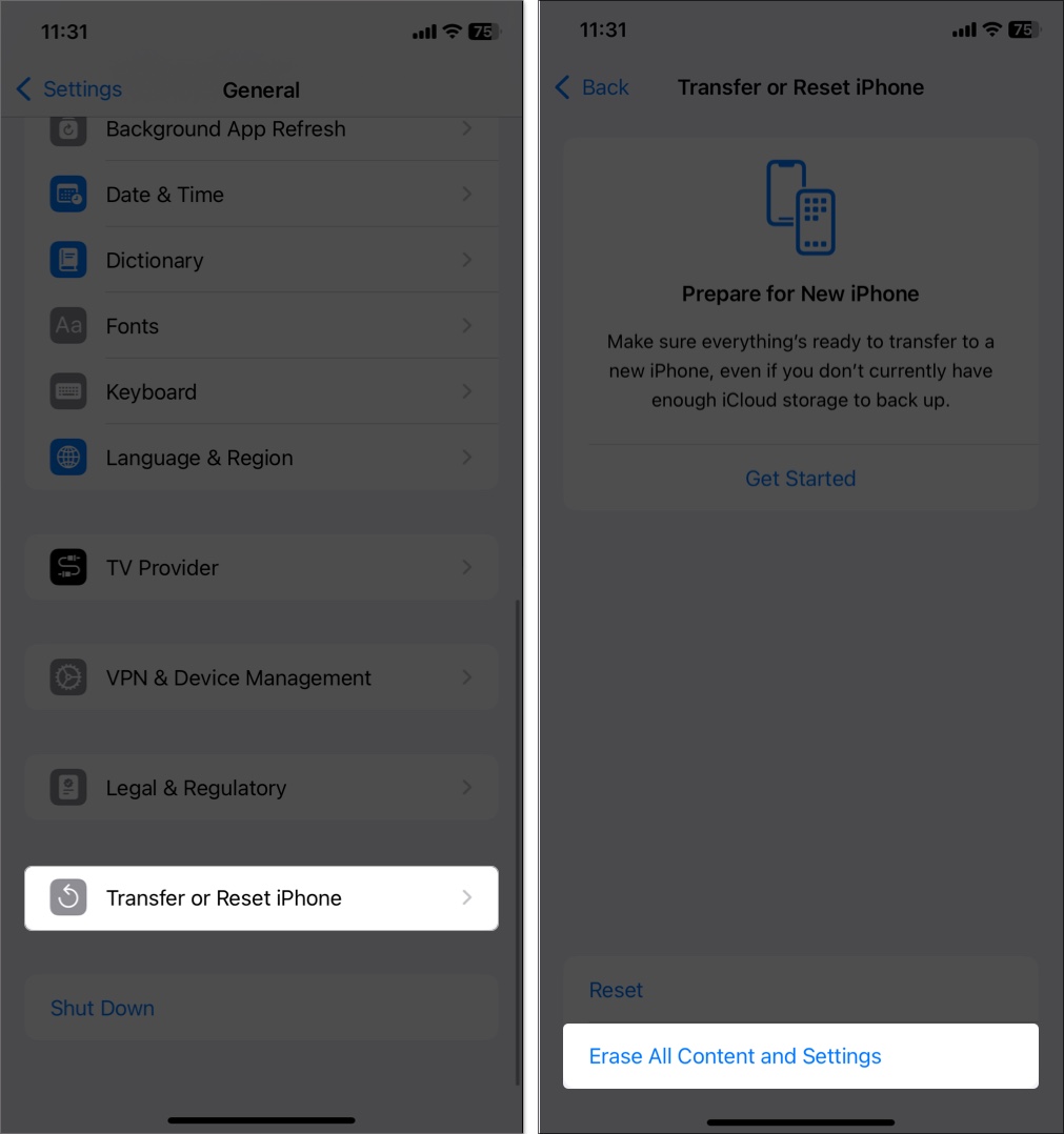 Access transfer or reset iphone and select erase all content and settings in iphone