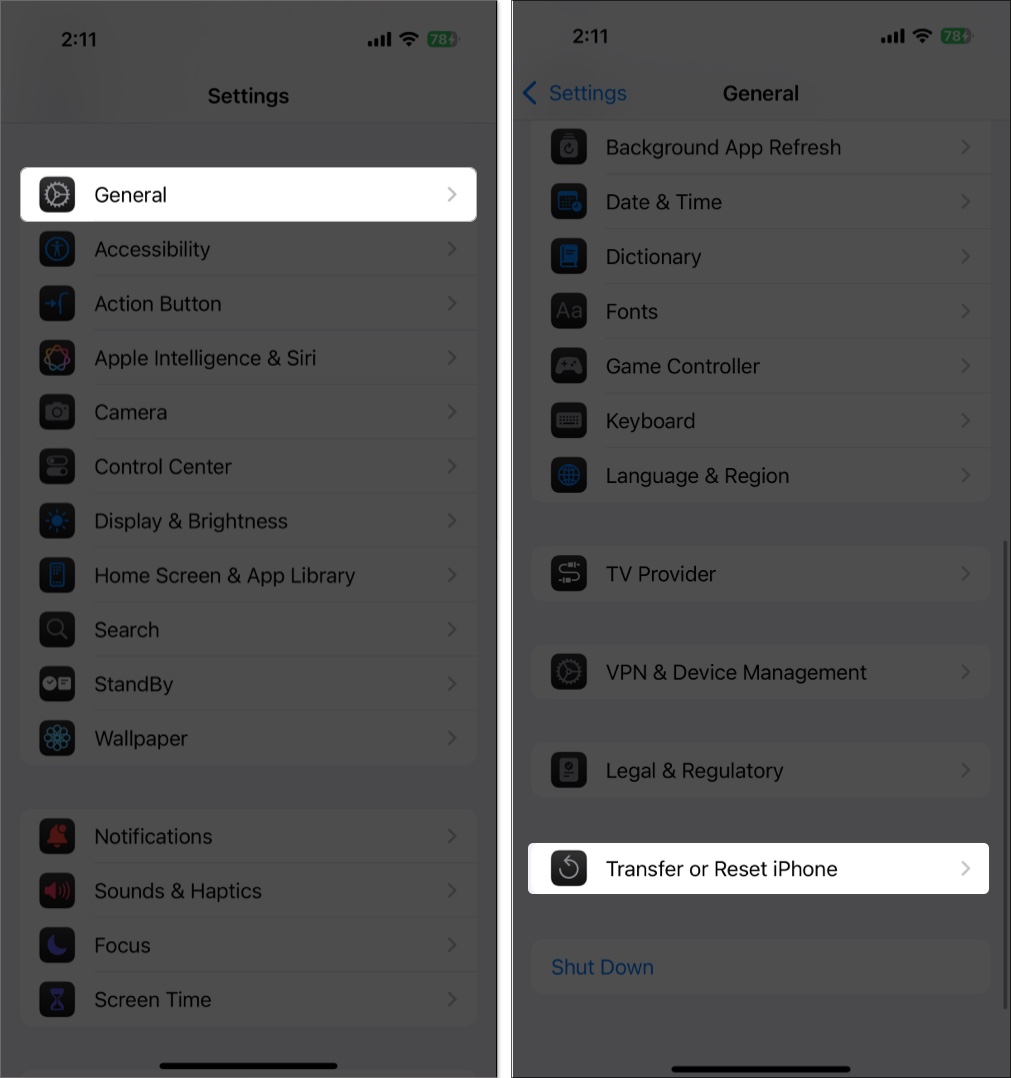 Accessing the transfer or reset iphone option in the iphone settings app