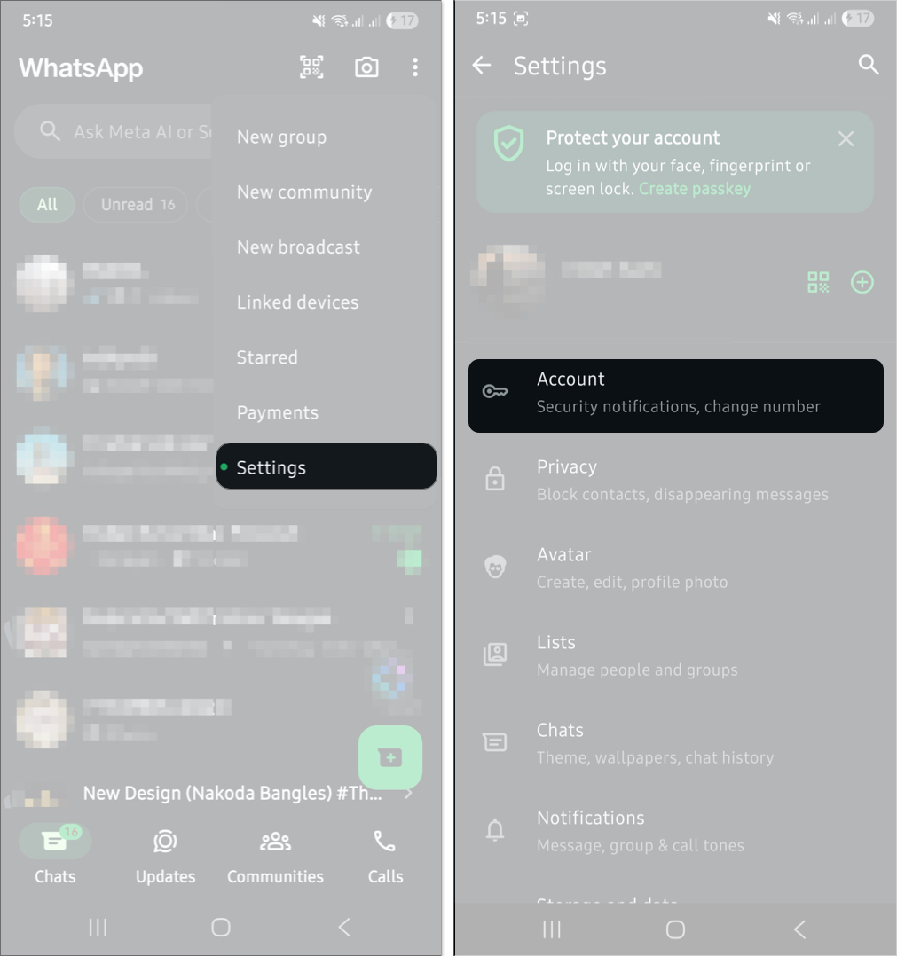 Accessing whatsapp settings page on an android phone