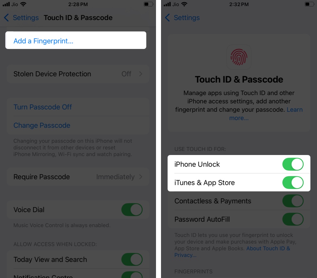 Adding a fingerprint for touch id and enabling iphone unlock and itunes  app store options