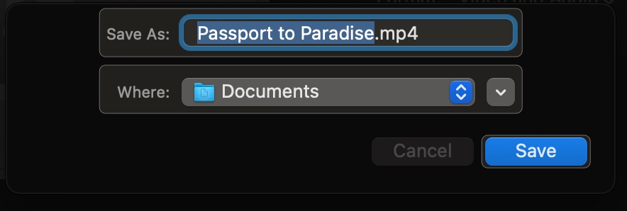Add video title then set download location and click save in imovie on mac