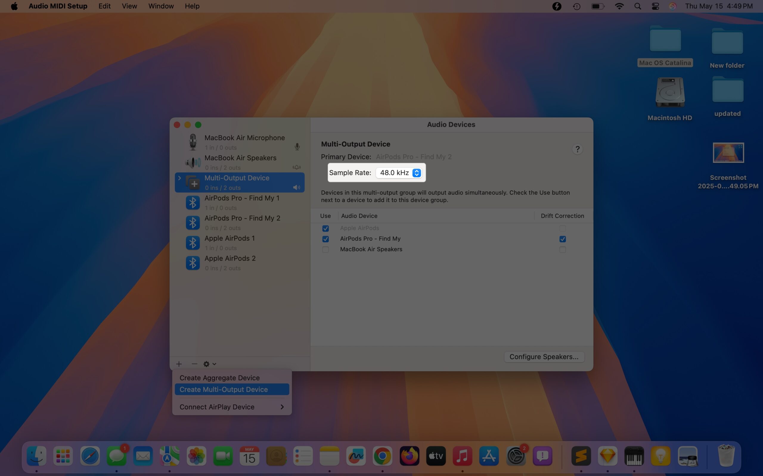 Adjusting the sample rate for the new multi output device in the audio midi setup app