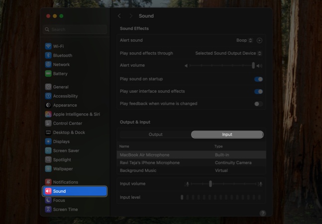 Sound settings in macos system settings app
