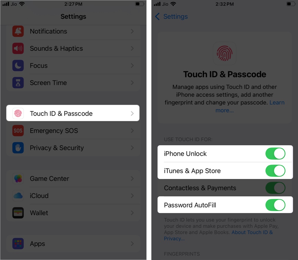 Enabling touch id for iphone unlock itunes  app store and password autofill features