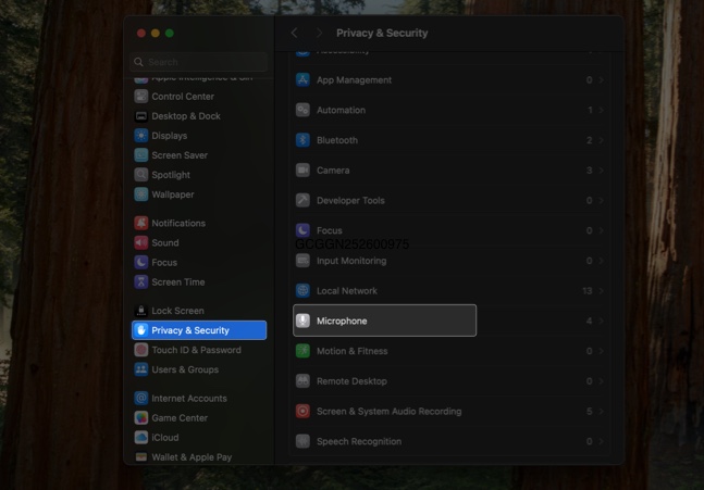 Accessing microphone permissions on the privacy  security page in macos system settings app