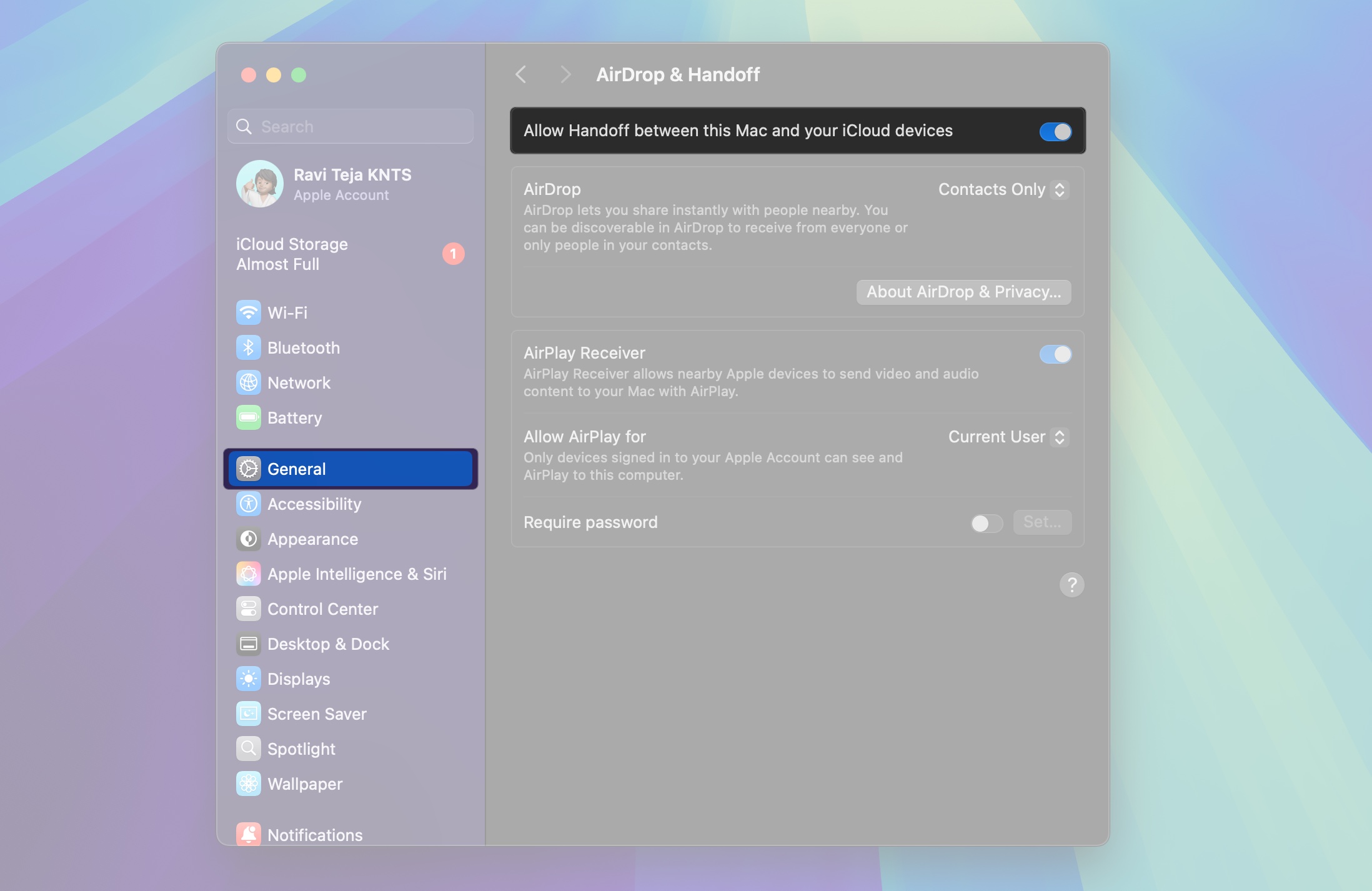 Enabling the handoff feature in macos system settings app