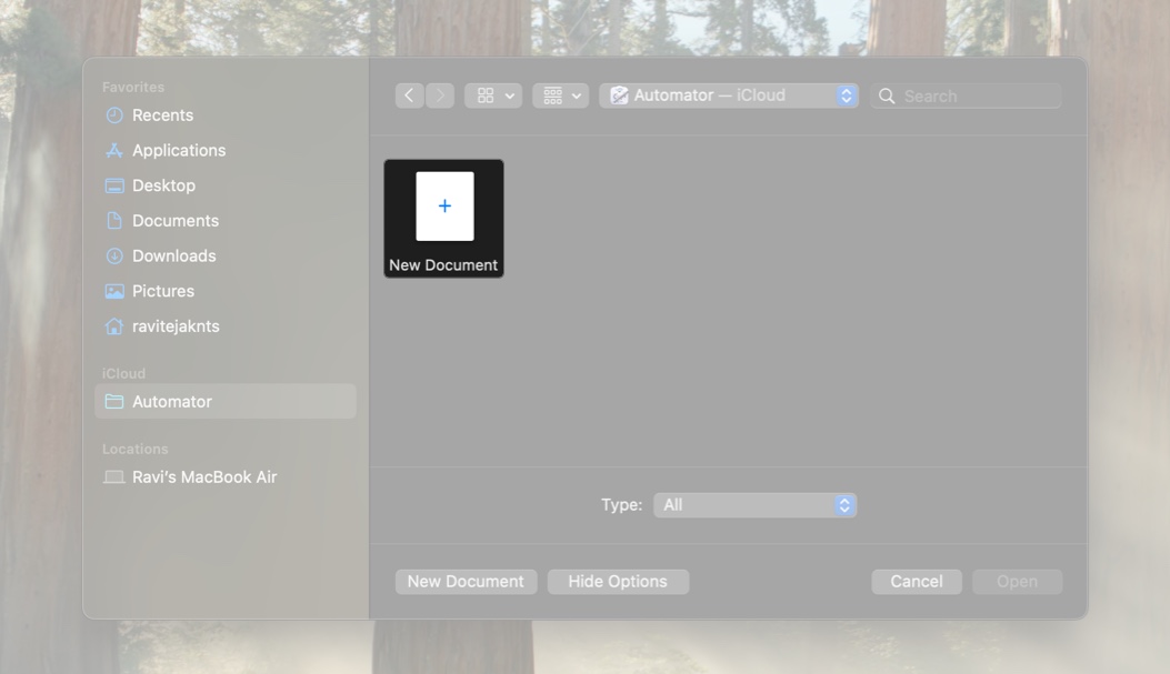 Creating a new document in the automator app on a mac