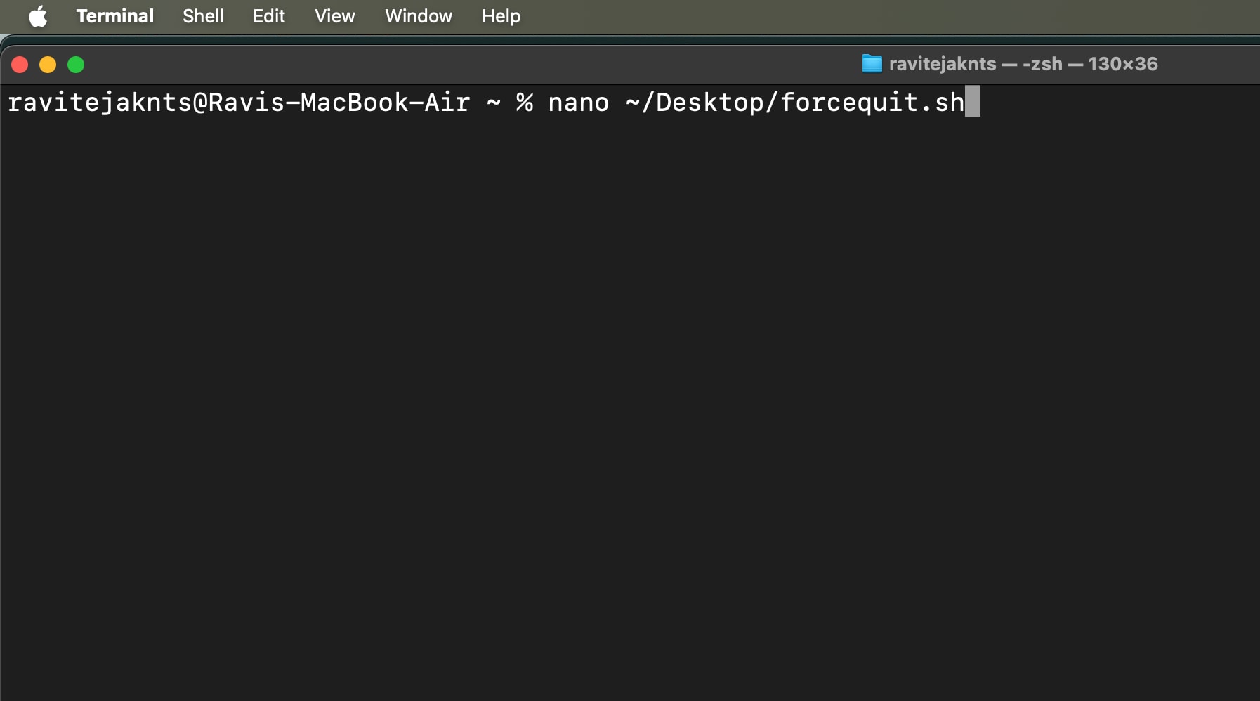 Entering a command in the macos terminal app to edit the forcequit Sh file