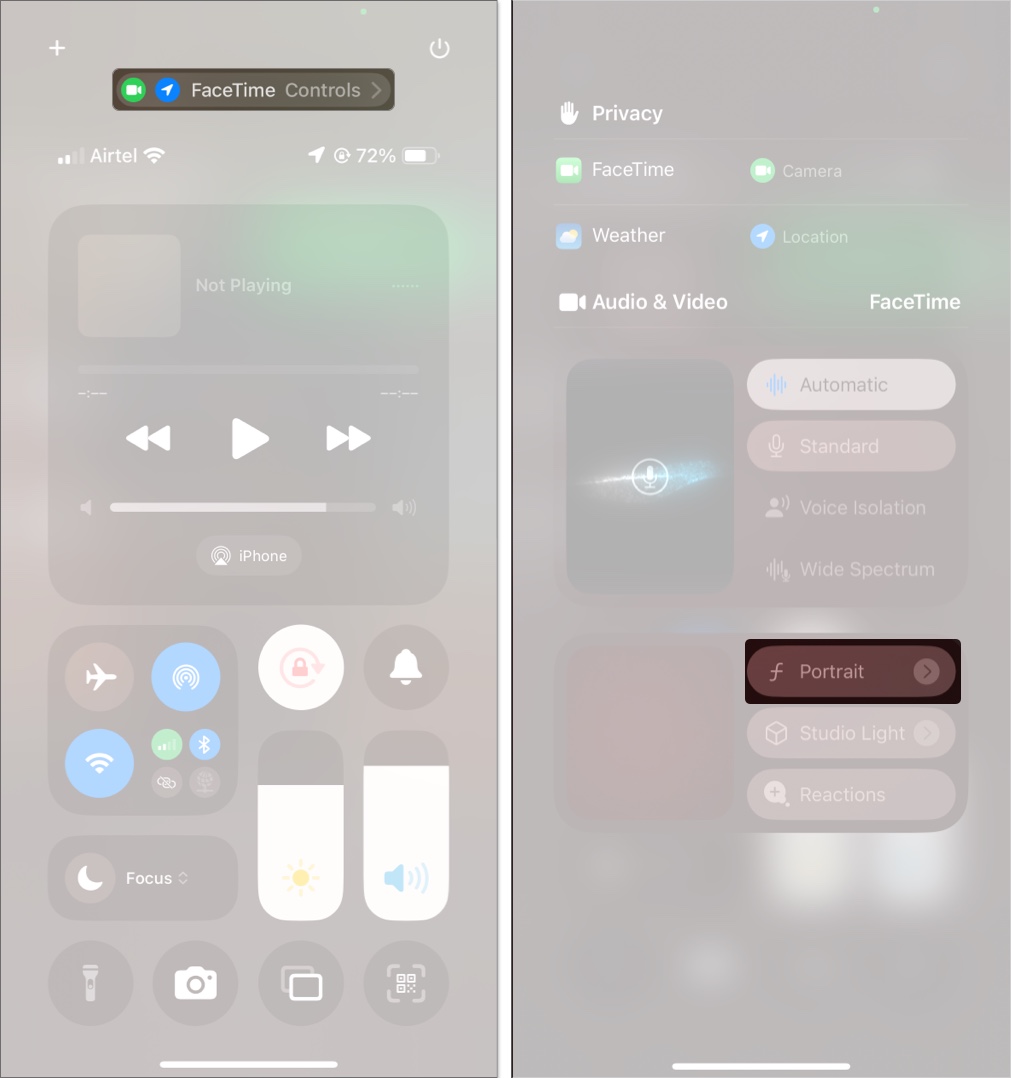 Blur background during facetime call using control center on iphone or ipad