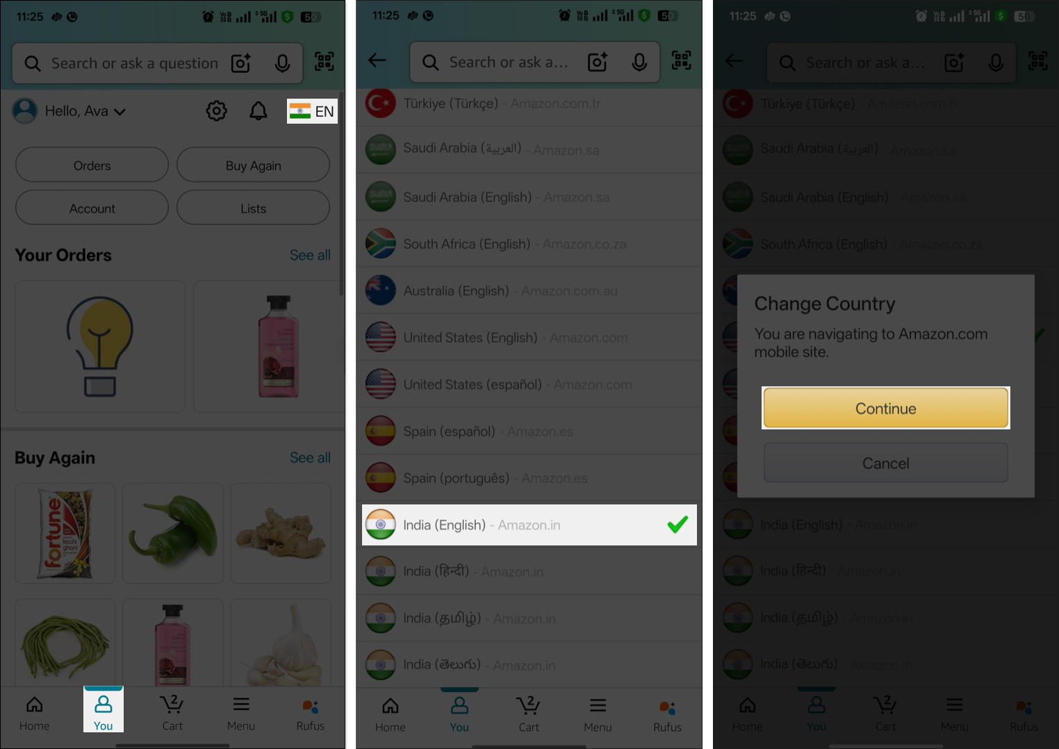 Change country in the amazon app in android