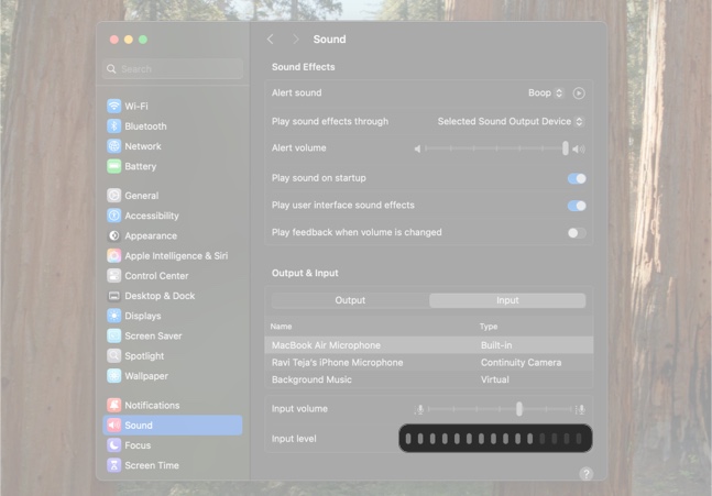 Checking input level bars to see if it picks up sound