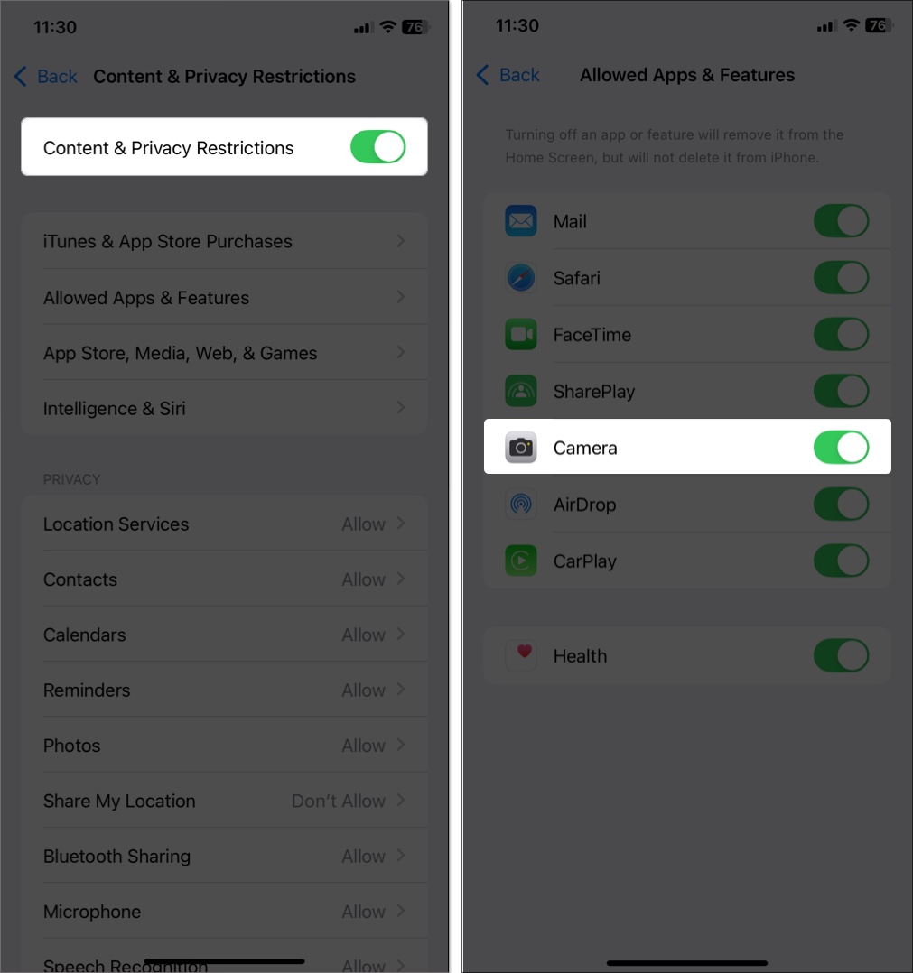 Check restrictions in allowed apps and features on iphone setting