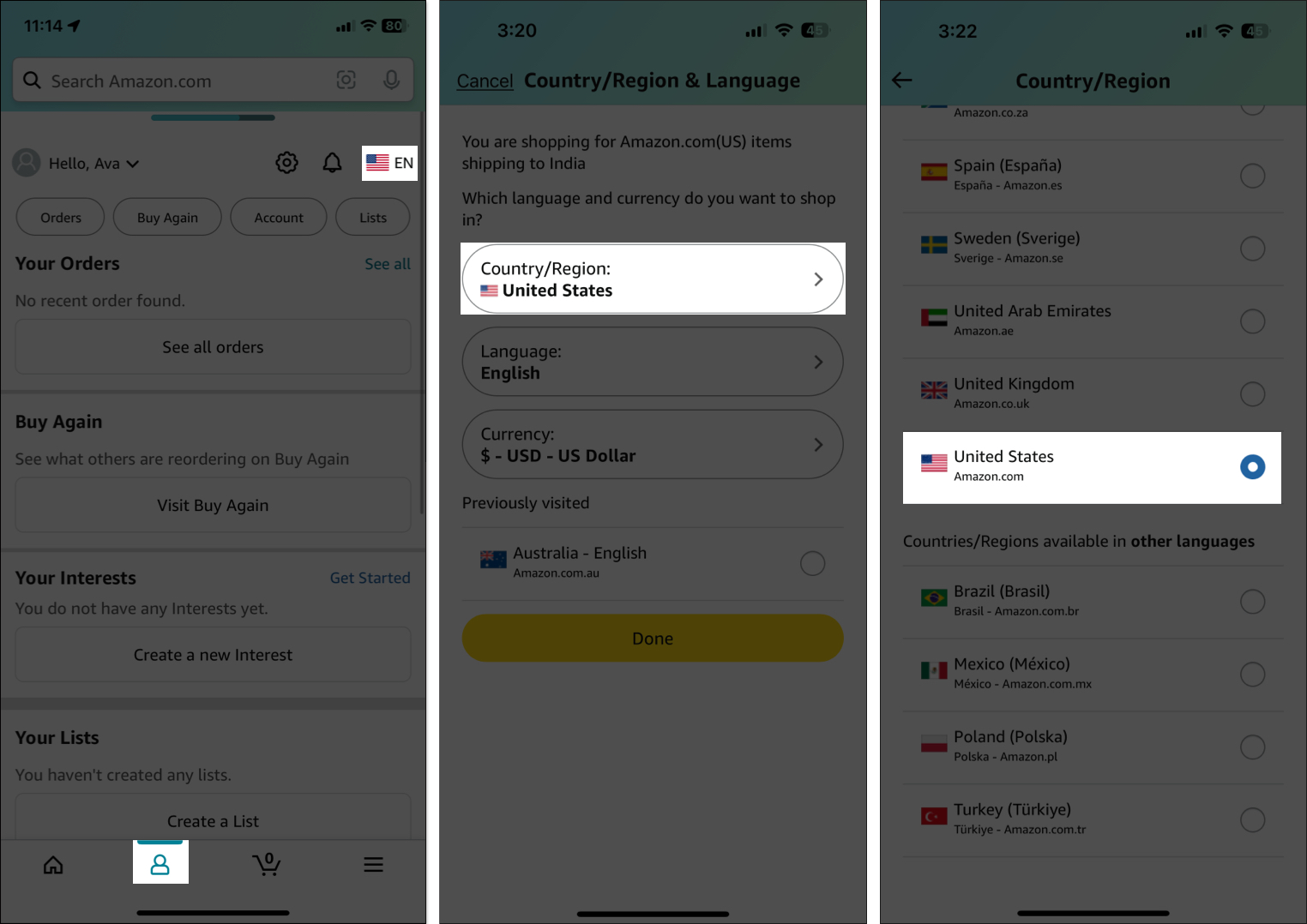 Choose country from the list in amazon settings on iphone