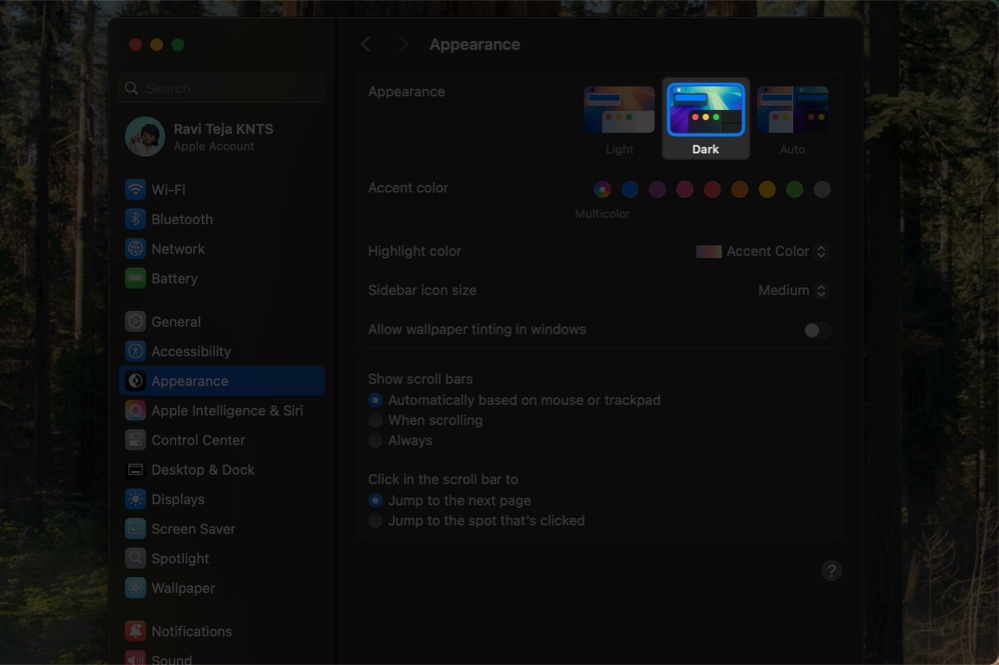 Choosing the dark appearance in system settings on a mac