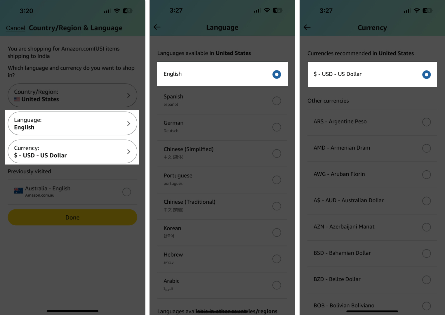 Choose language and currency in amazon app on iphone