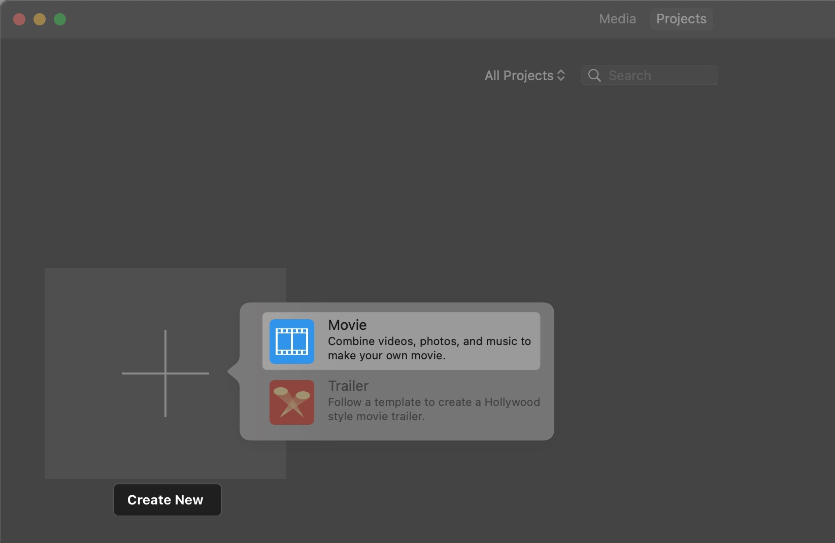 Click create new then choose movie for trailer on imovie in mac
