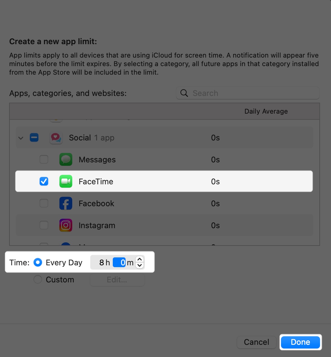 Click done after setting app time limit on mac