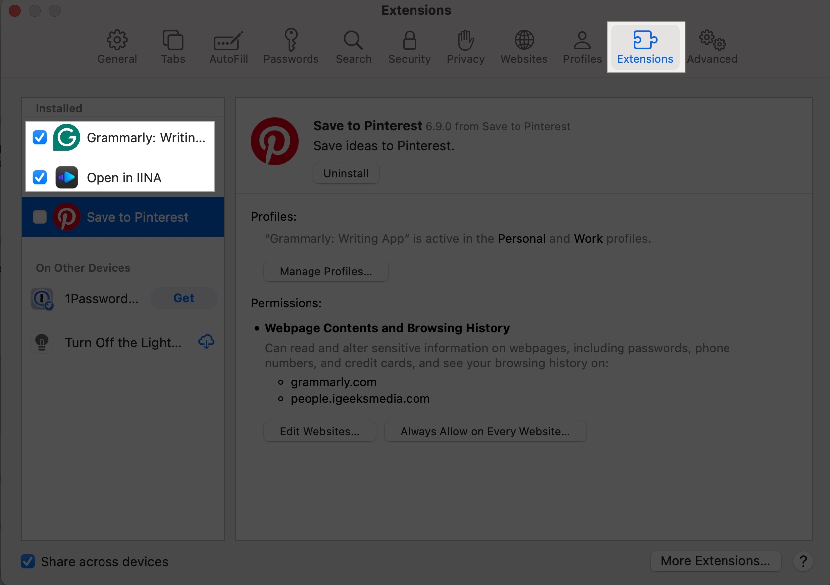 Click extensions tab and select extension to enable it on mac