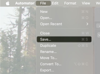 Accessing the save option in automator menu options to save the application