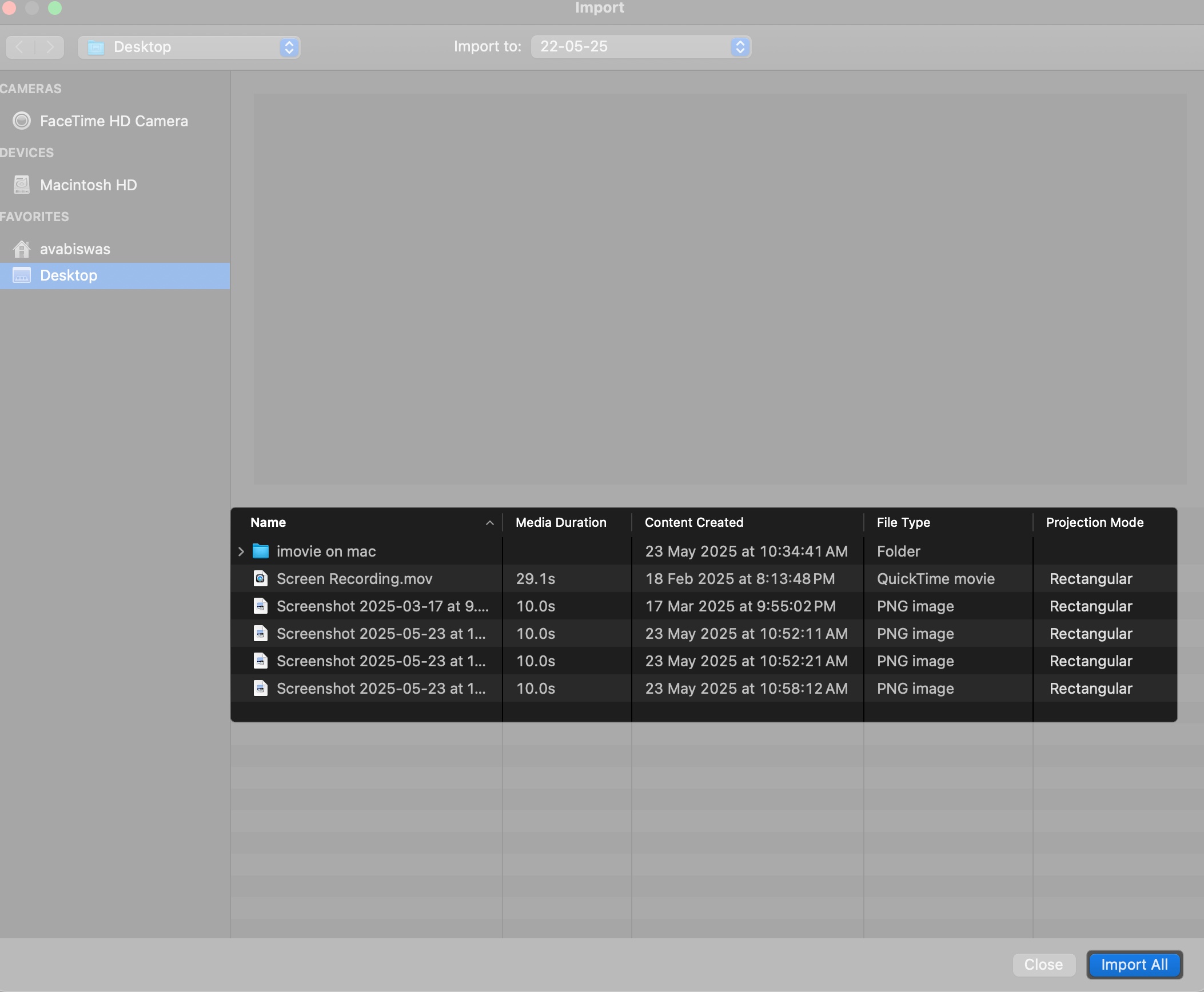 Click import all to add on imovie in mac