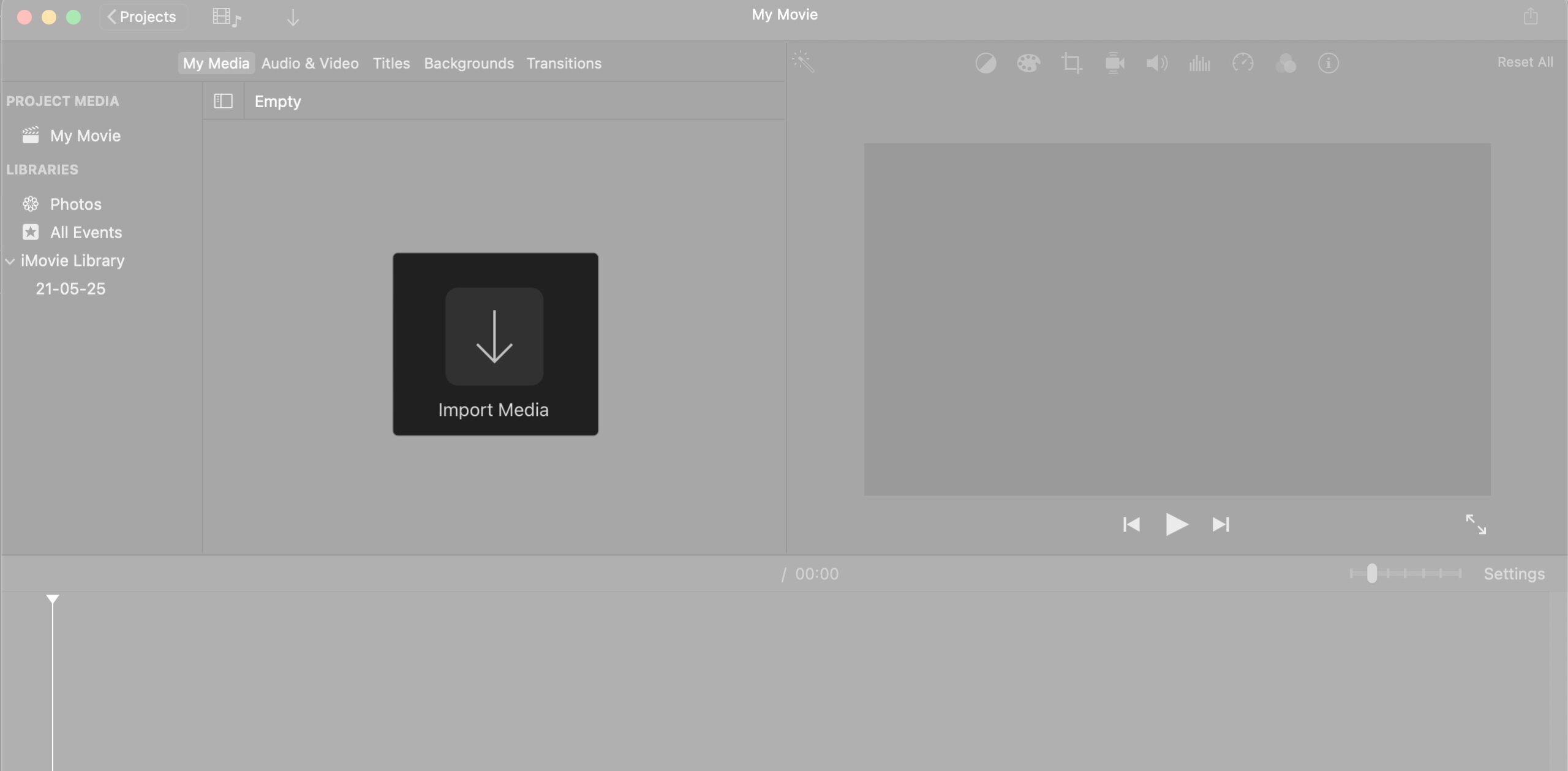 Click import media button to add photo or video on imovie in mac