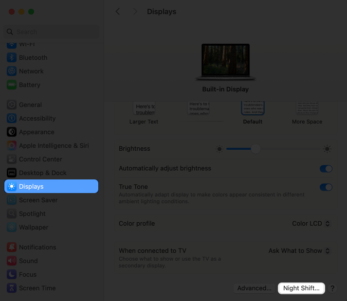 Click on night shift tab in display settings on mac