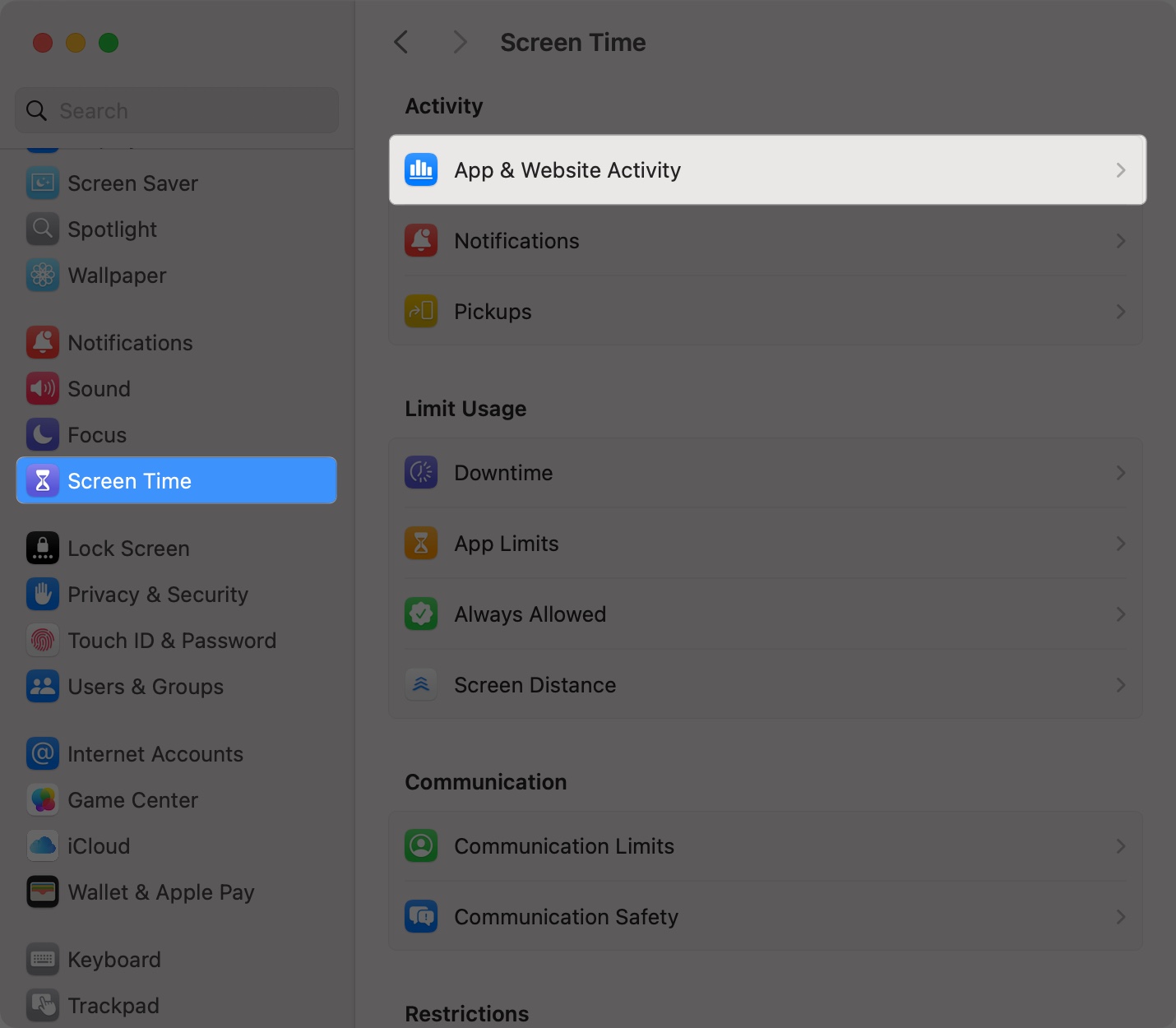 Click on screen time and check apps and website activity on mac