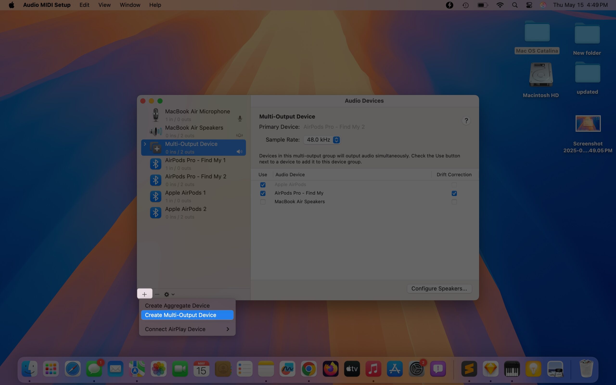 Creating a new multi output device in the audio midi setup app