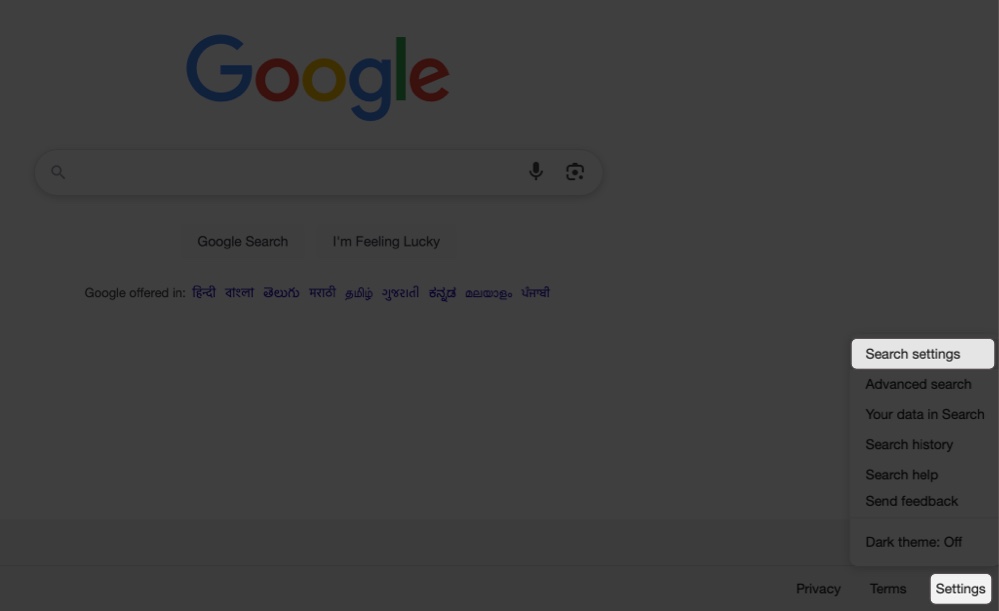 Click settings at bottom and select search settings