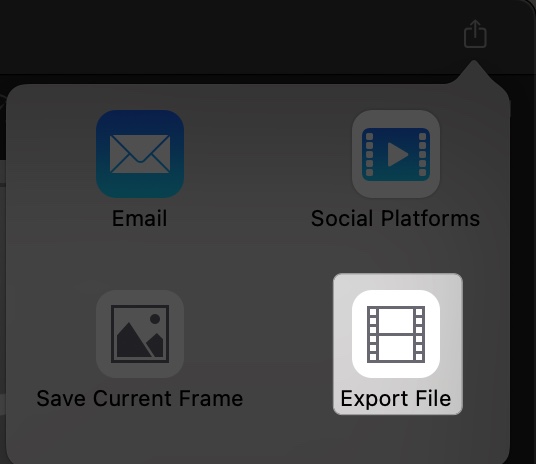 Click share button and select export file in imovie on mac