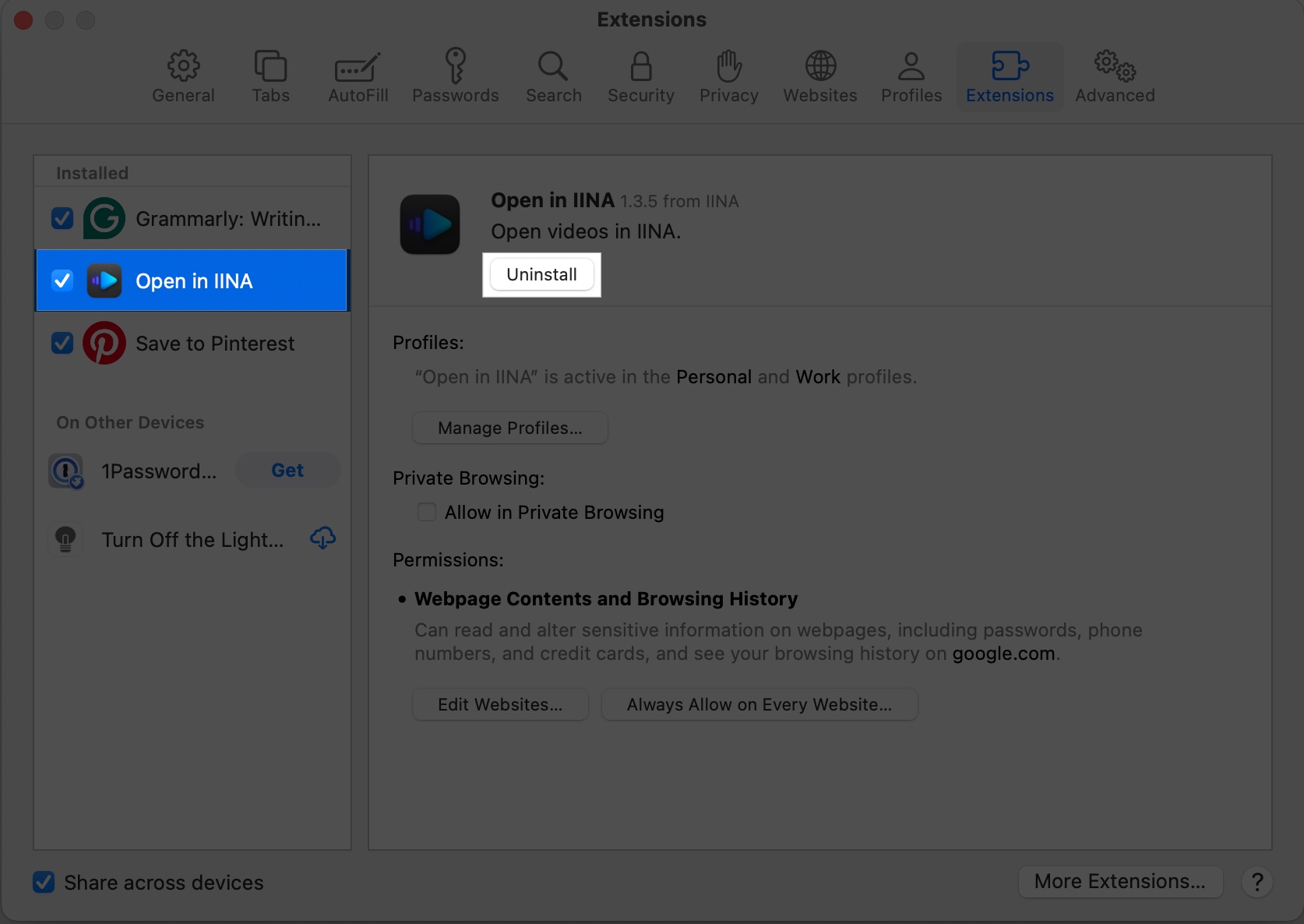 Click the extension name then click uninstall on mac